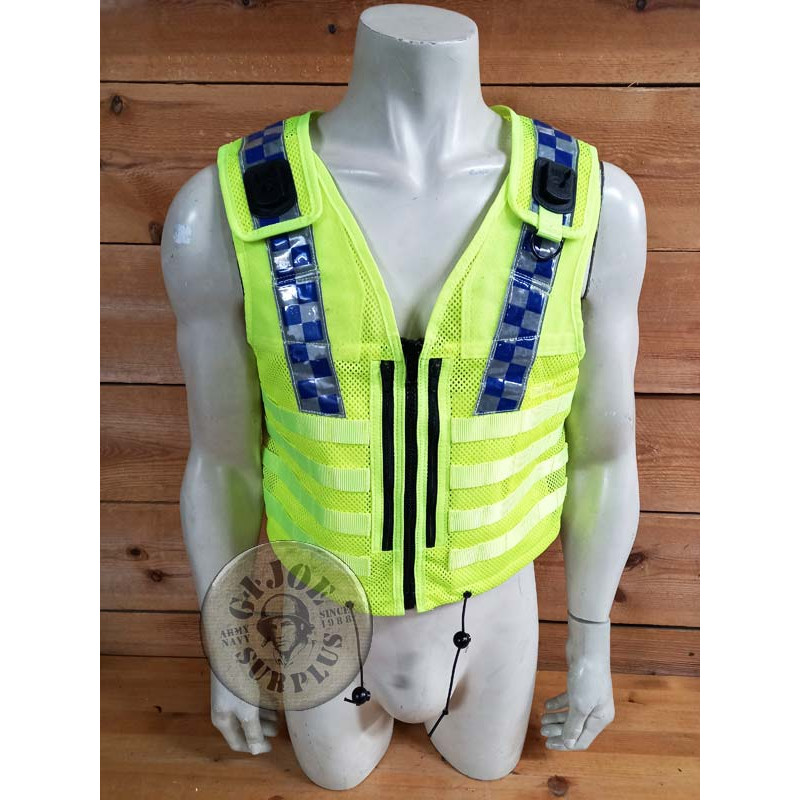 PIEZA UNICA!!! CHALECO TACTICO ALTA VISIBILIDAD POLICIA BRITANICA "ARKTIS" CON FUNDAS y PARCHES USADO