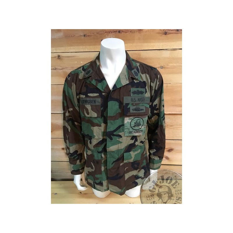 BDU WOODLAND RIPSTOP COMBAT JACKET OF A US NAVY SEABEE SIZE LARGE /UNIQUE PIECE